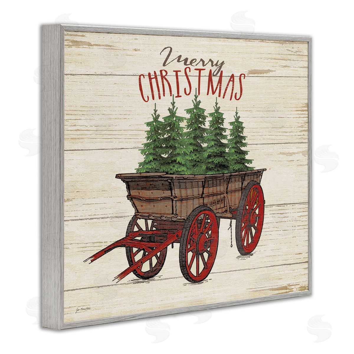 Merry Christmas Tree Wagon Grey Frame Print Wall Art, Home Decor by Jo Moulton