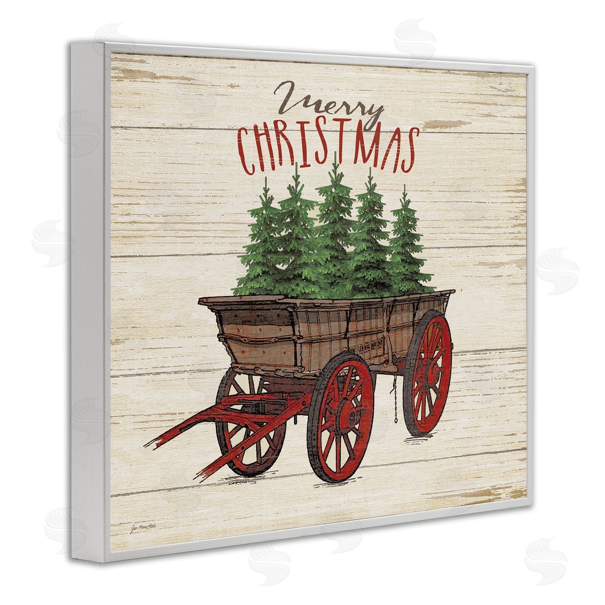 Merry Christmas Tree Wagon White Frame Print Wall Art, Home Decor by Jo Moulton
