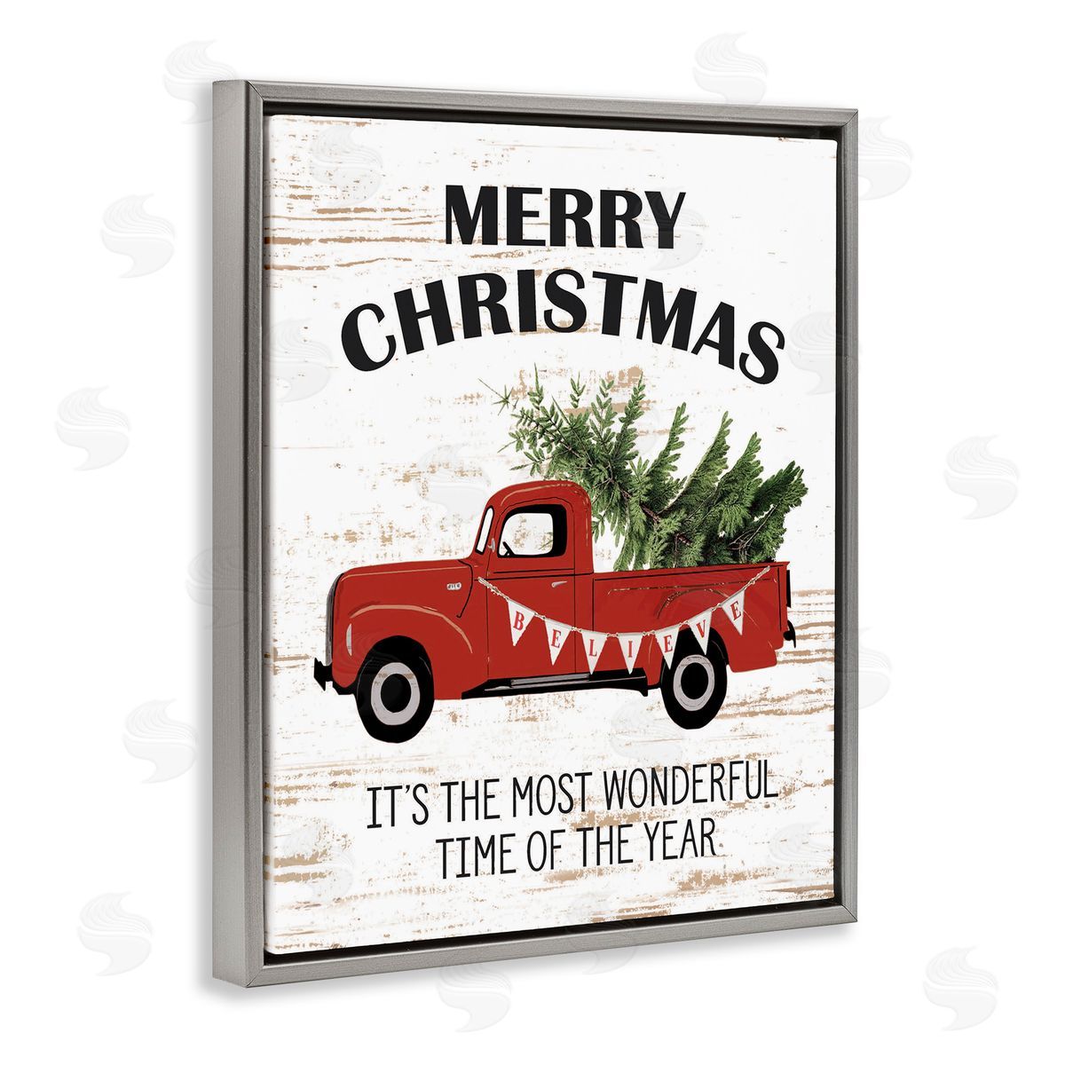 Christmas Most Wonderful Time Vintage Truck Grey Floating Frame Canvas Wall Art, Home Decor by Lettered and Lined