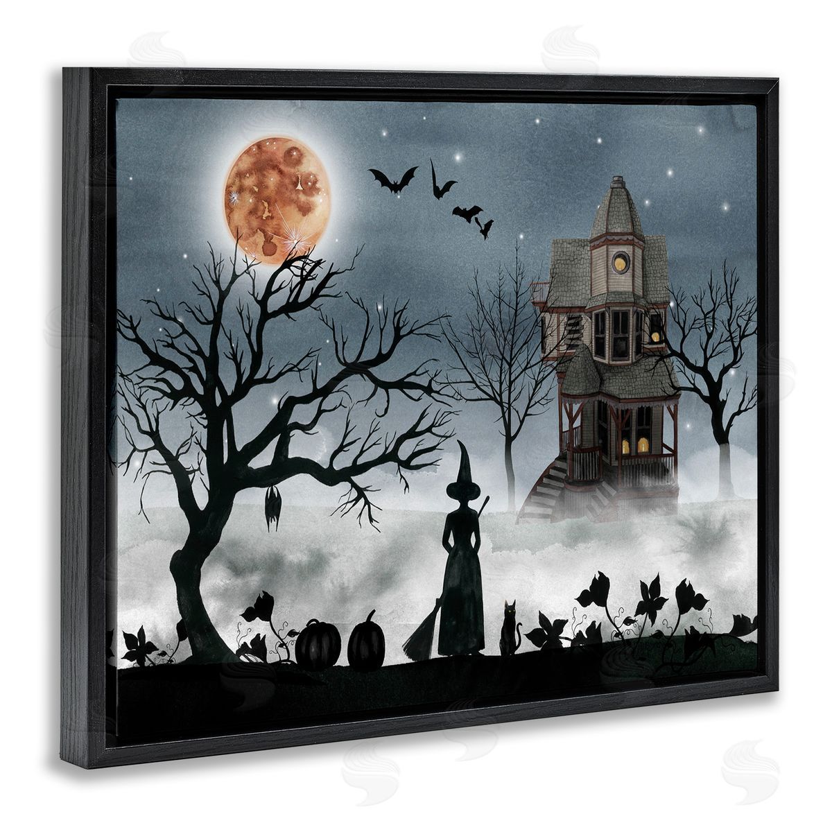Witch & Haunted House Scene Black Floating Frame Canvas Wall Art, Home Decor by Grace Popp
