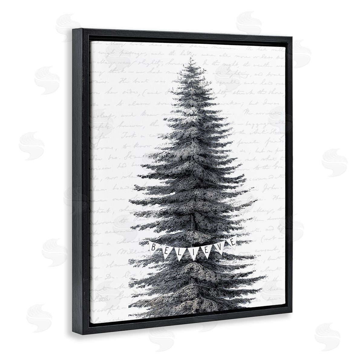 Snow Dusted Christmas Tree Black Floating Frame Canvas Wall Art, Home Decor by Lettered and Lined