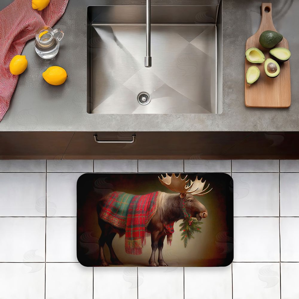 Sasha Festive Moose with Plaid & Fir Kitchen Floor Mat