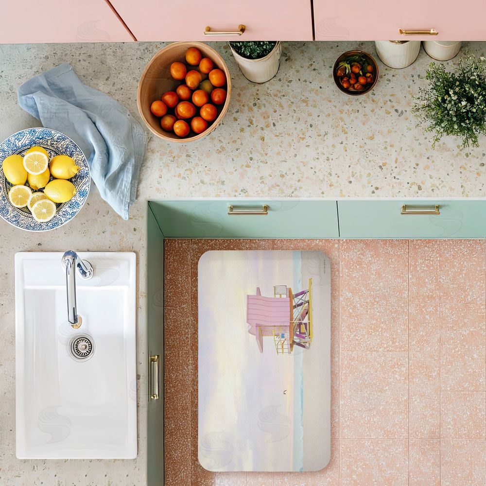 Seven Trees Design Pink Serene Beach Hut Kitchen Floor Mat