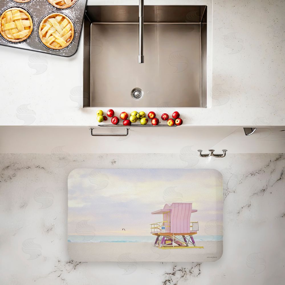 Seven Trees Design Pink Serene Beach Hut Kitchen Floor Mat