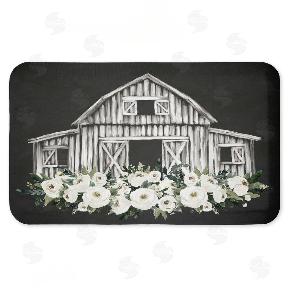 Lettered and Lined Rustic Barn with White Roses Kitchen Floor Mat