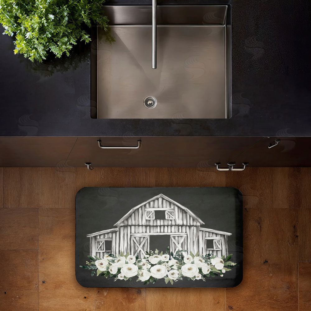 Lettered and Lined Rustic Barn with White Roses Kitchen Floor Mat