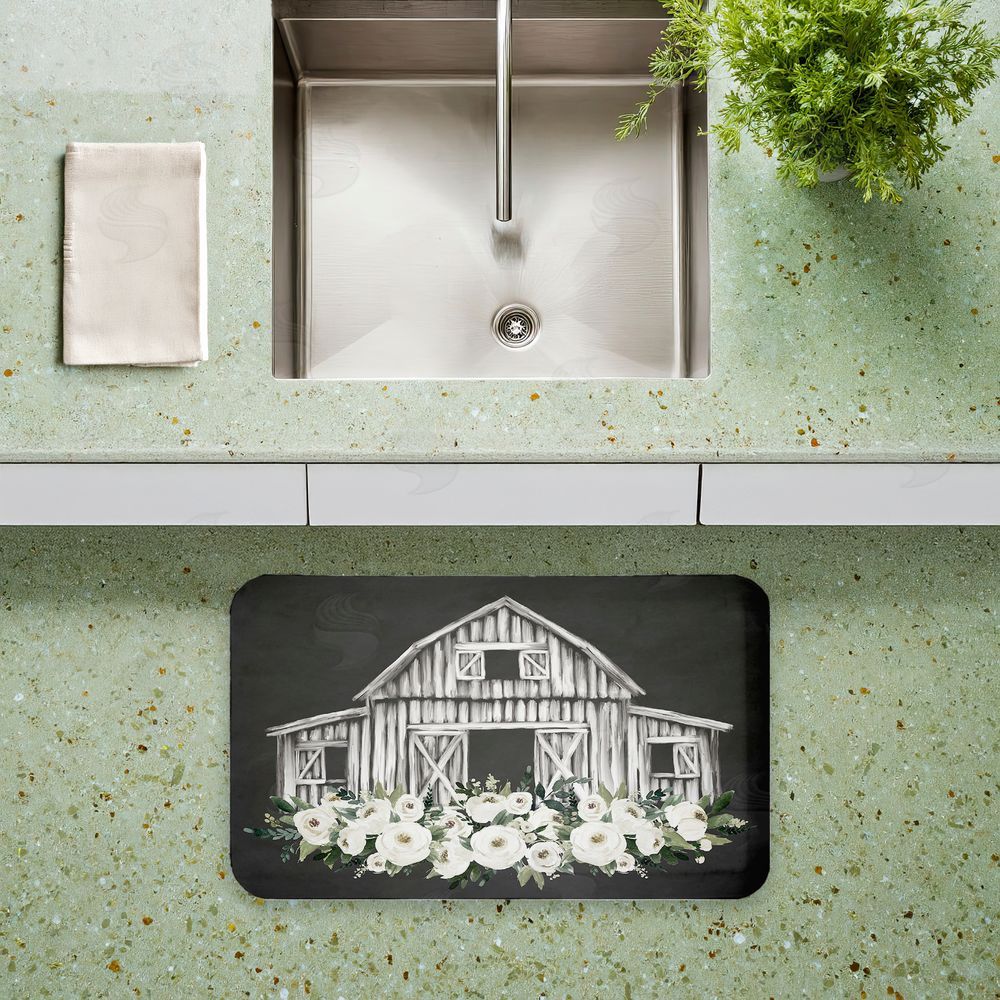 Lettered and Lined Rustic Barn with White Roses Kitchen Floor Mat
