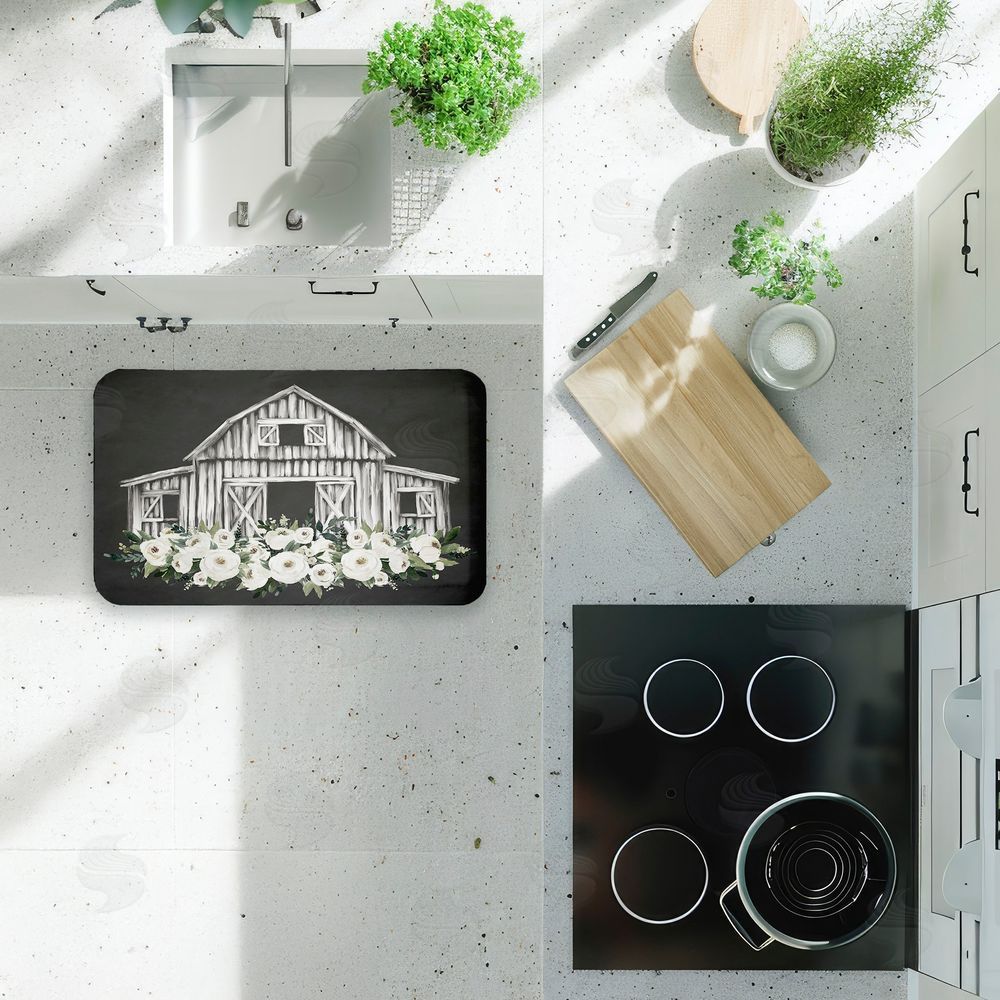 Lettered and Lined Rustic Barn with White Roses Kitchen Floor Mat