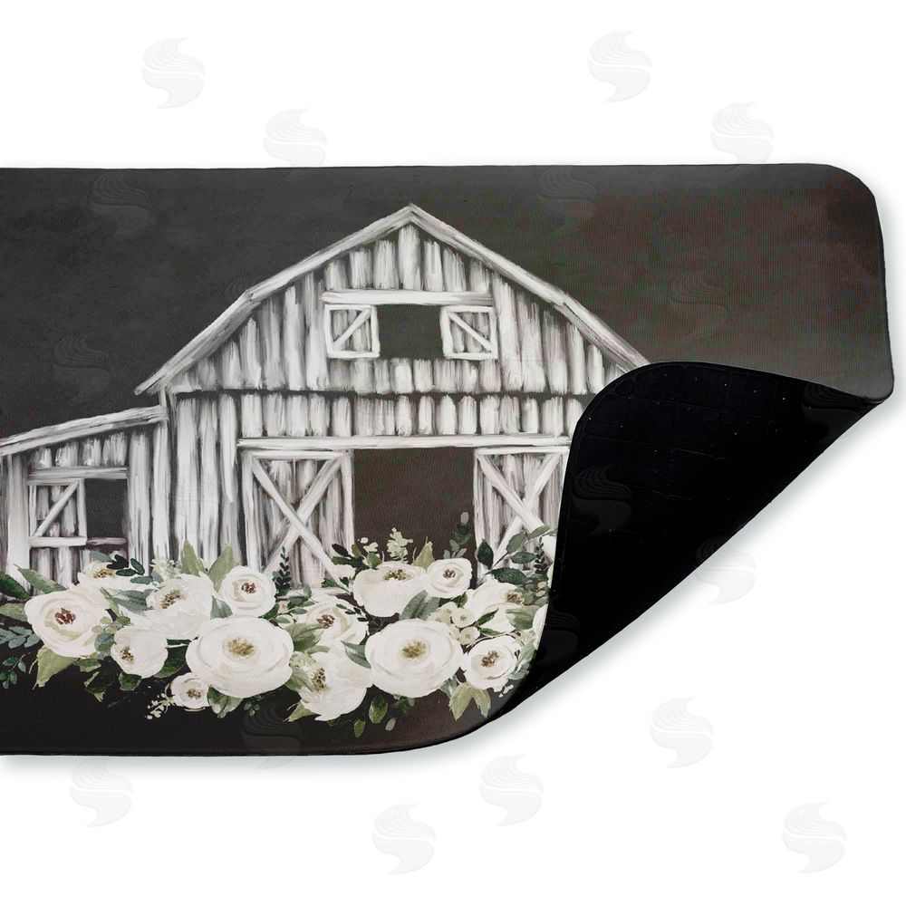 Lettered and Lined Rustic Barn with White Roses Kitchen Floor Mat