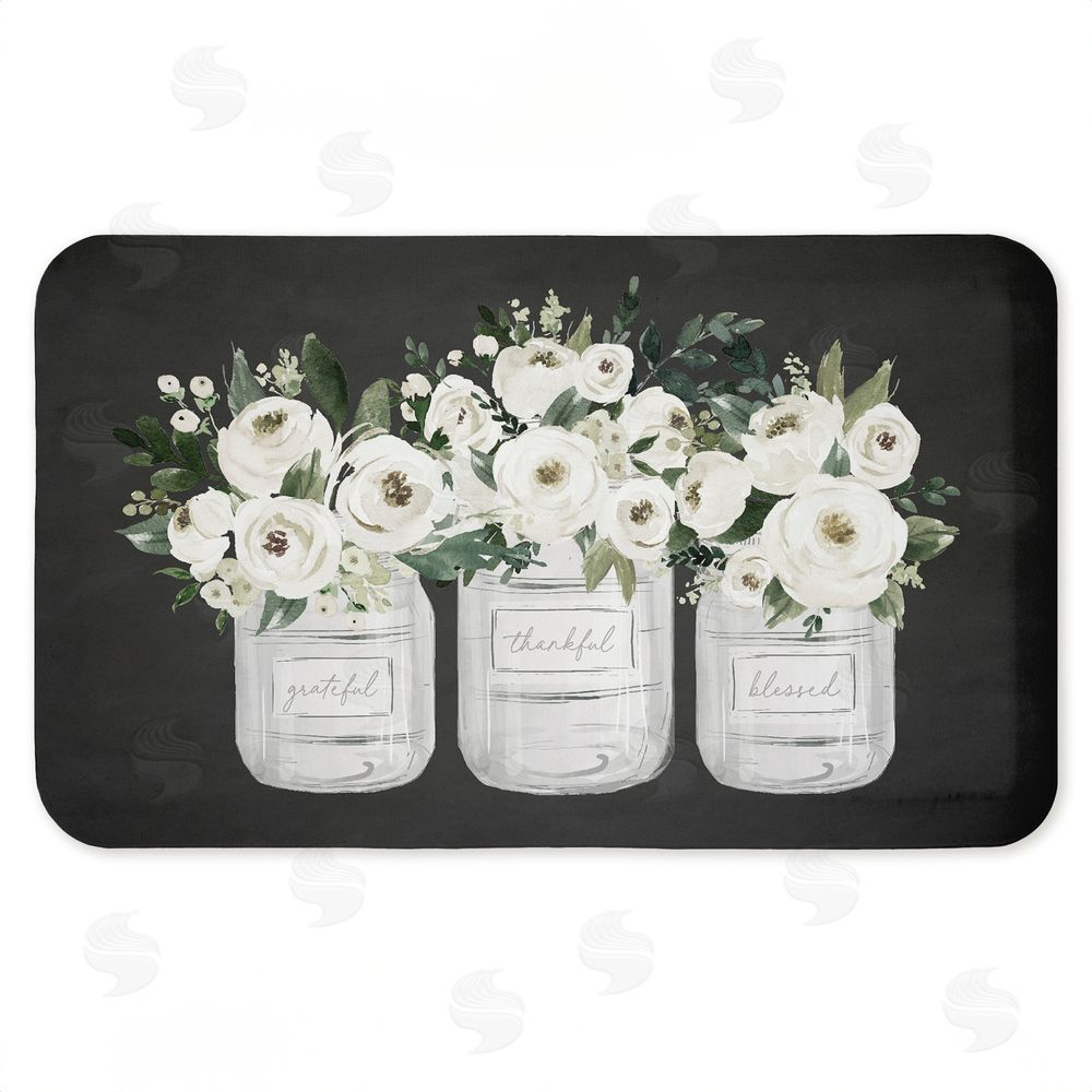 Lettered and Lined White Roses in Country Jars Kitchen Floor Mat