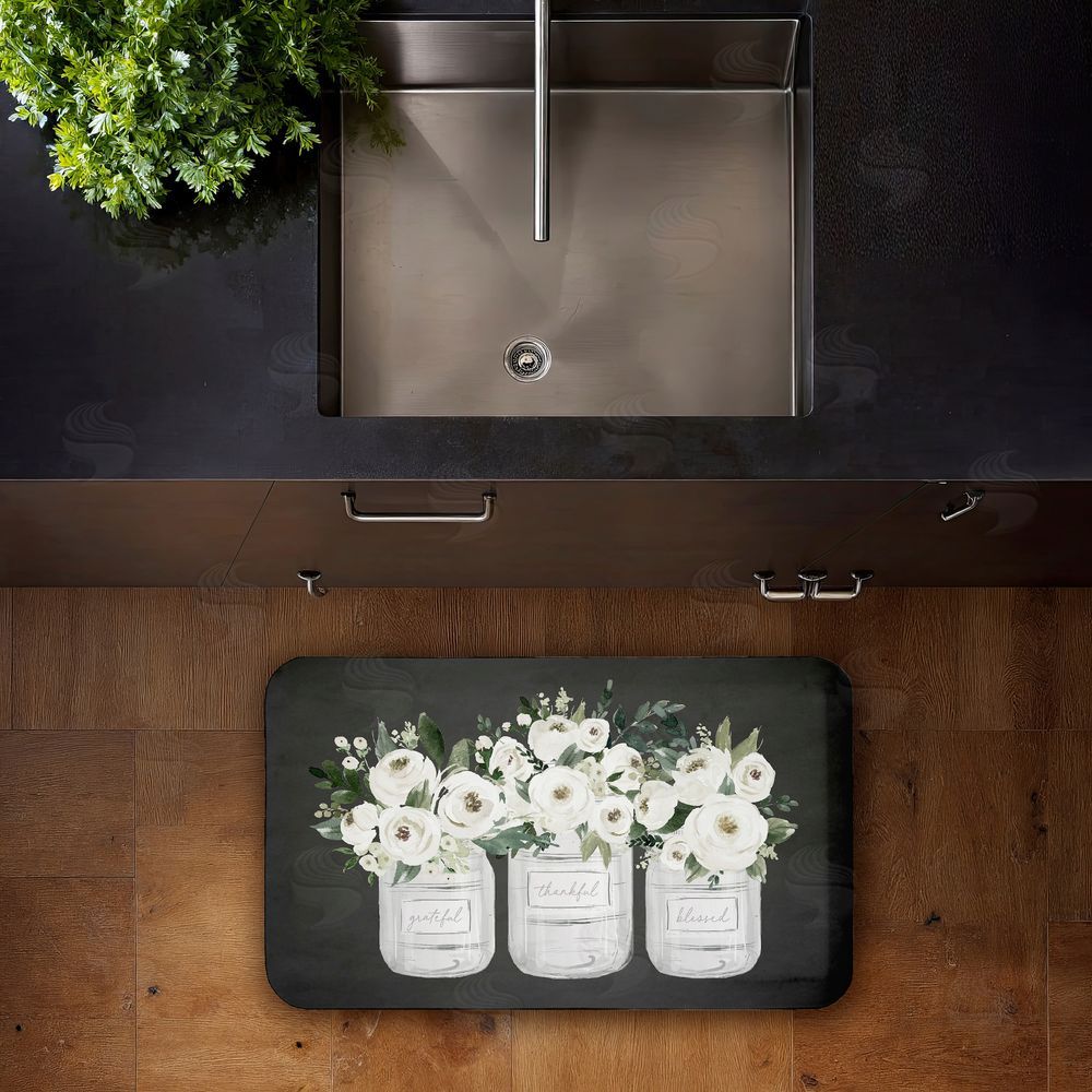 Lettered and Lined White Roses in Country Jars Kitchen Floor Mat