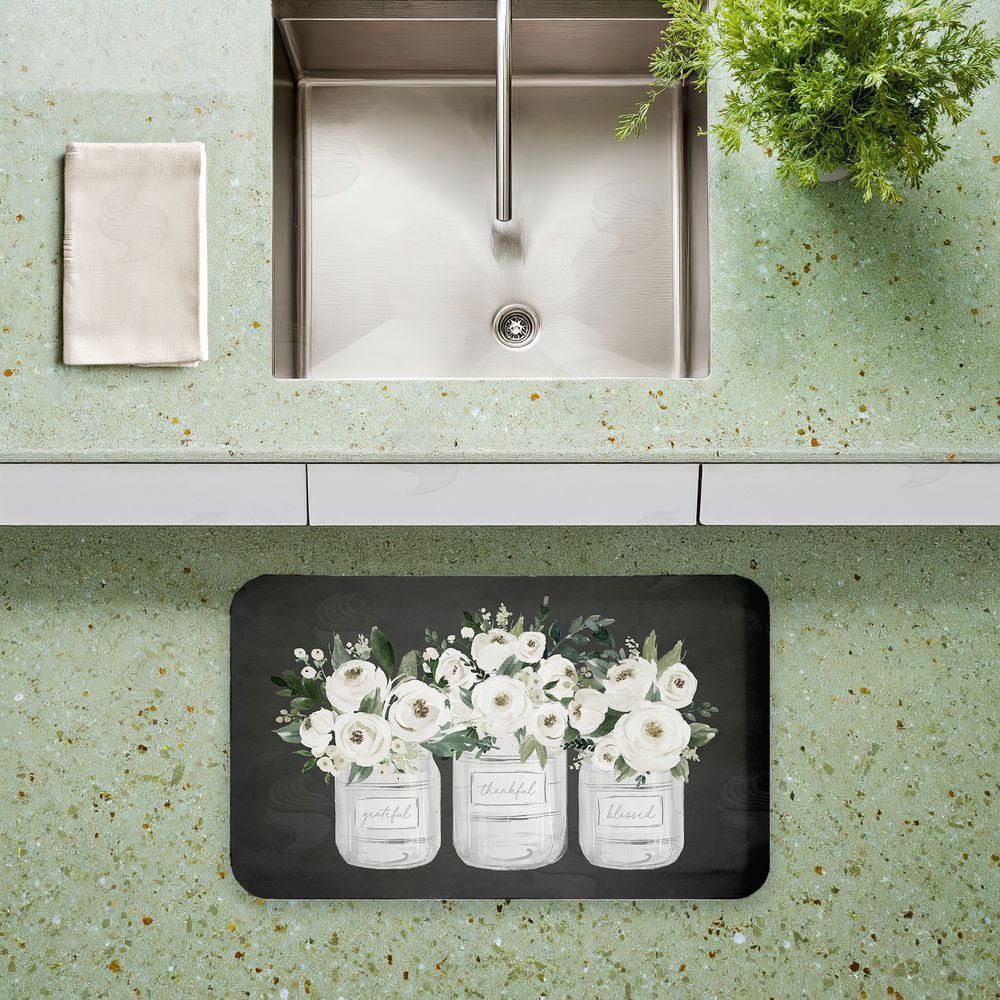 Lettered and Lined White Roses in Country Jars Kitchen Floor Mat