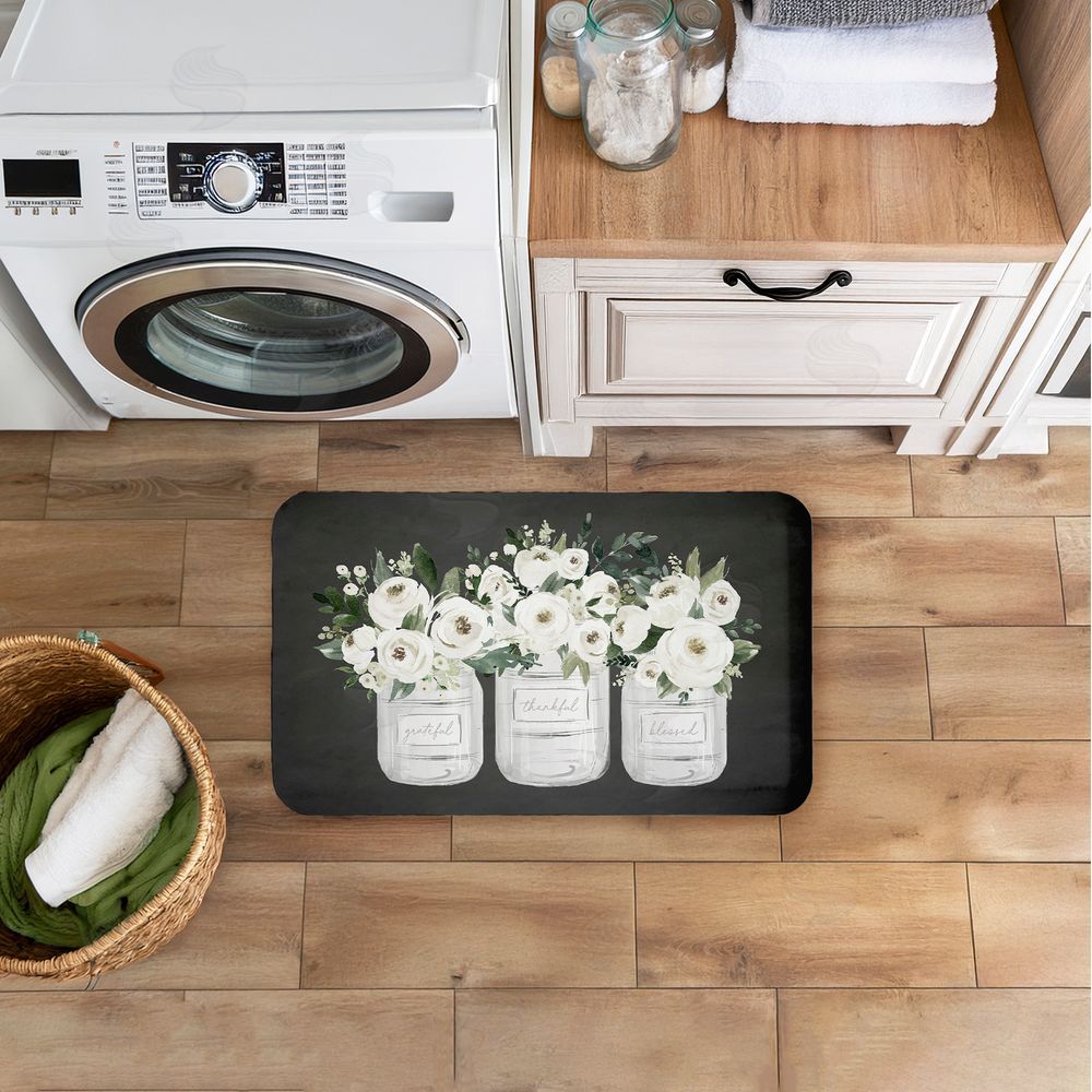 Lettered and Lined White Roses in Country Jars Kitchen Floor Mat