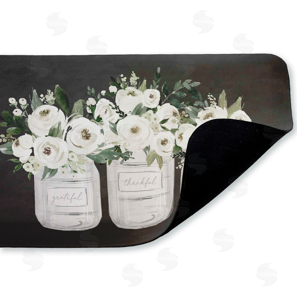 Lettered and Lined White Roses in Country Jars Kitchen Floor Mat