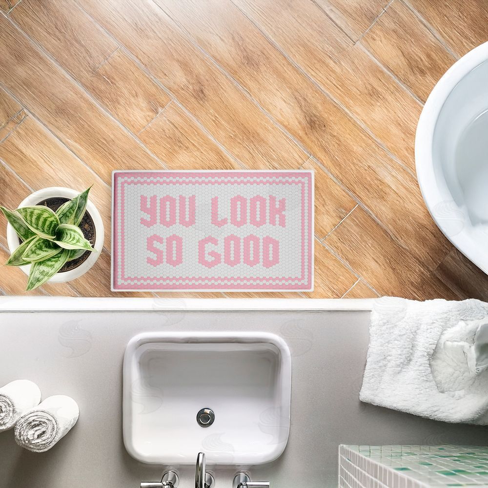 Lettered and Lined Baby Pink You Look So Good Plush Bathroom Floor Mat