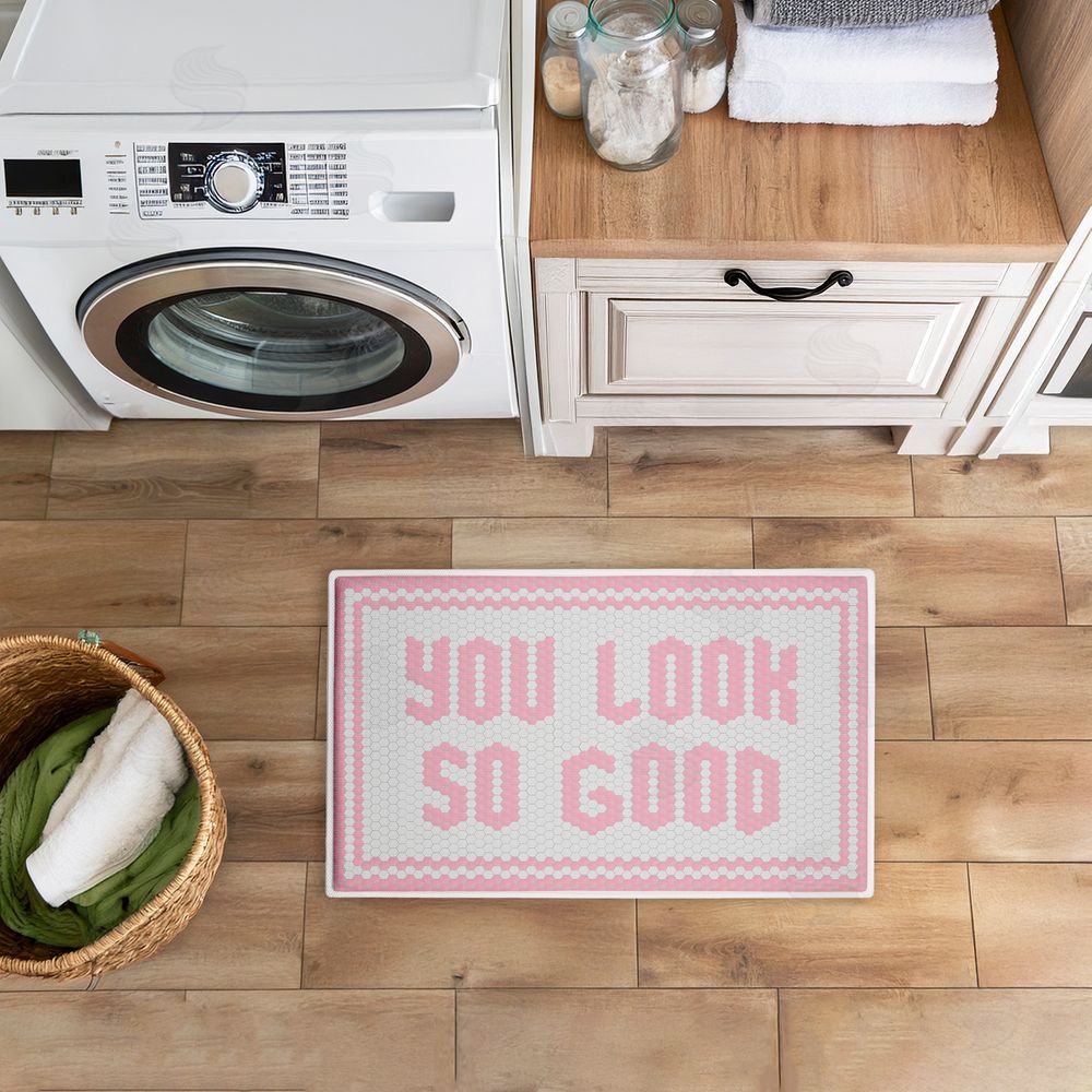 Lettered and Lined Baby Pink You Look So Good Plush Bathroom Floor Mat