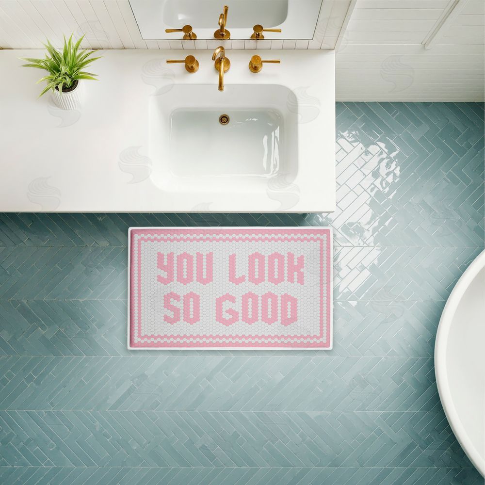 Lettered and Lined Baby Pink You Look So Good Plush Bathroom Floor Mat