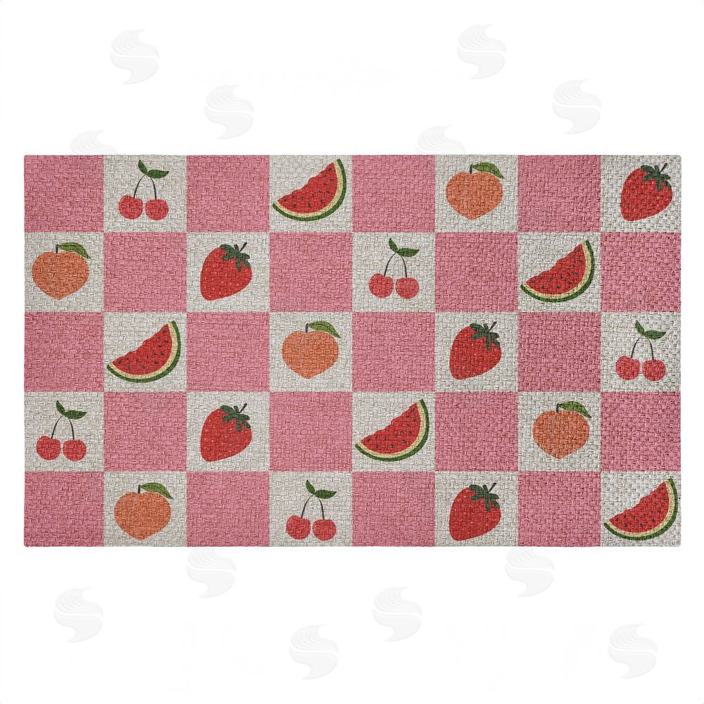 Stupell Studio Pink Kitchen Fruits Checkered Outdoor Faux Sisal Door Mat