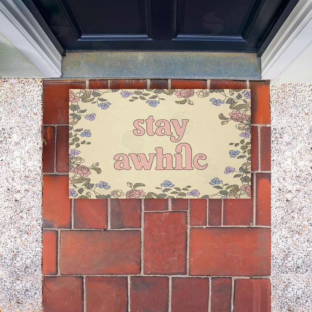 Stupell Studio Stay Awhile with Floral Border Unwoven Outdoor Door Mat
