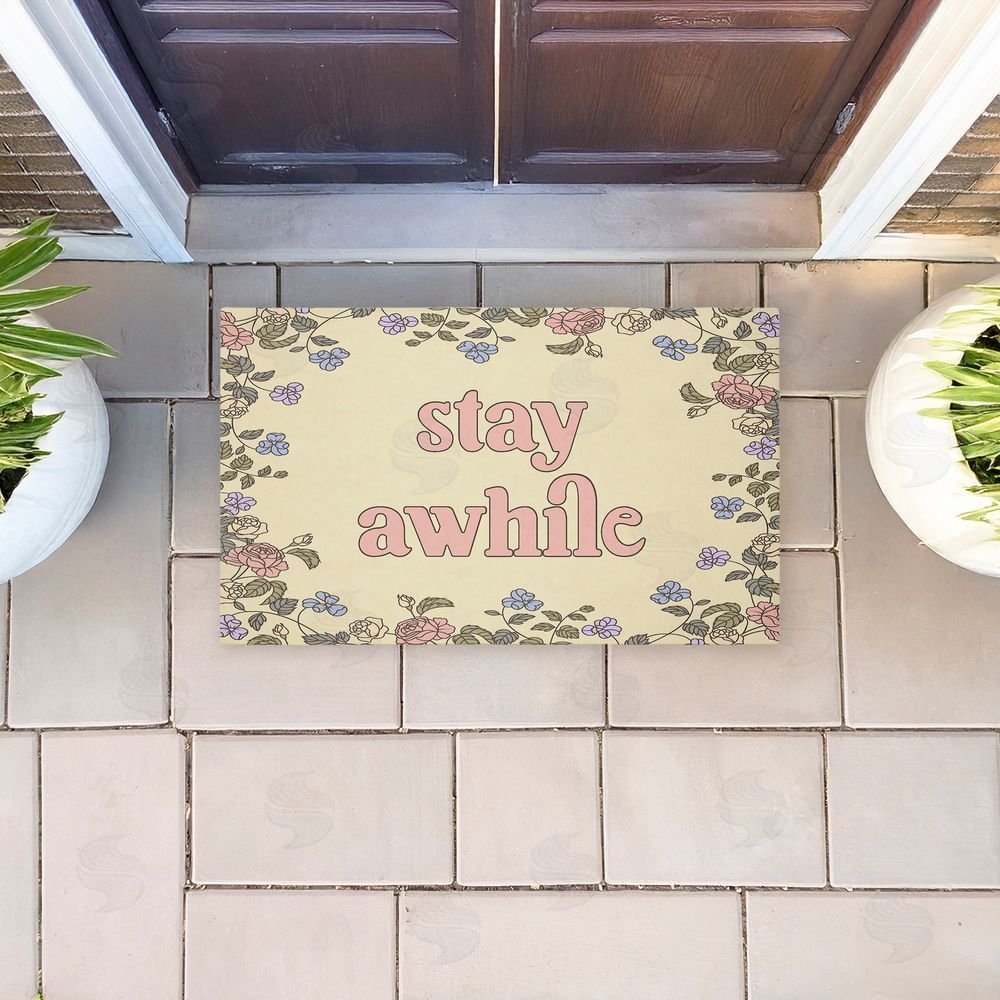 Stupell Studio Stay Awhile with Floral Border Unwoven Outdoor Door Mat