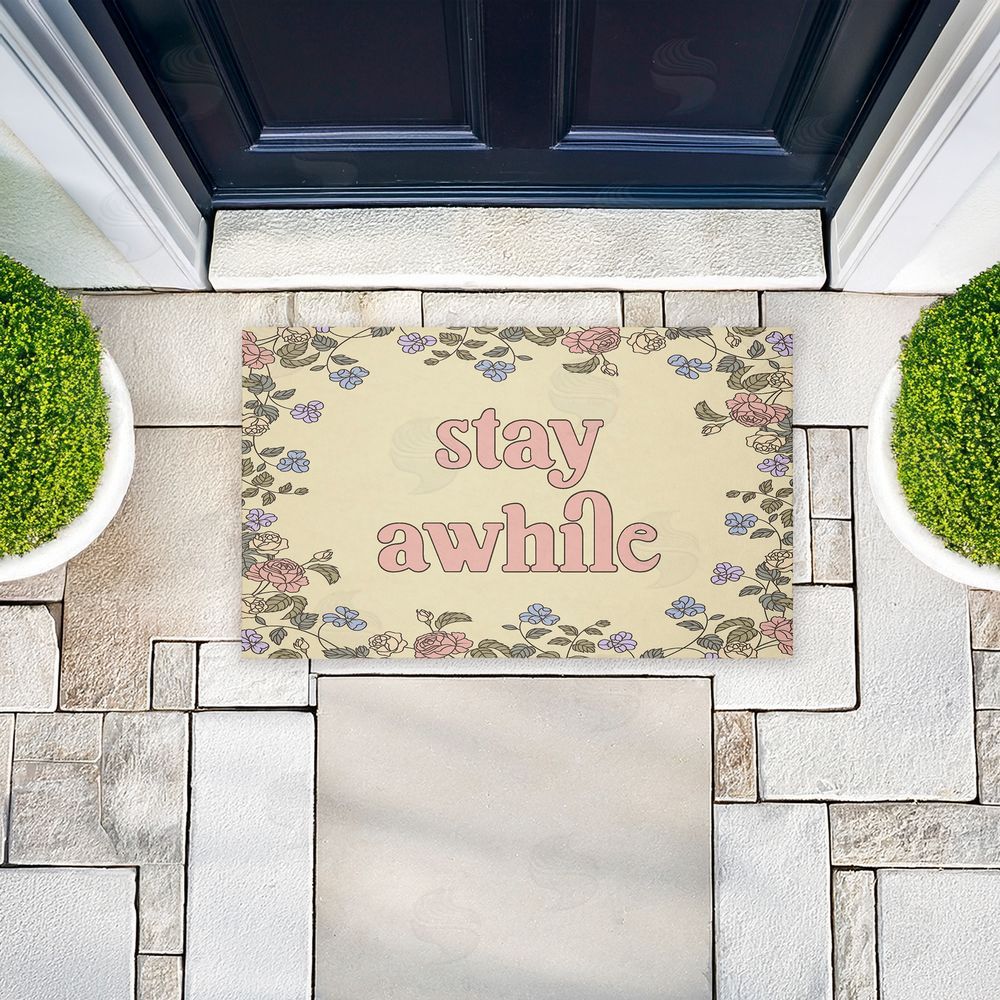 Stupell Studio Stay Awhile with Floral Border Unwoven Outdoor Door Mat