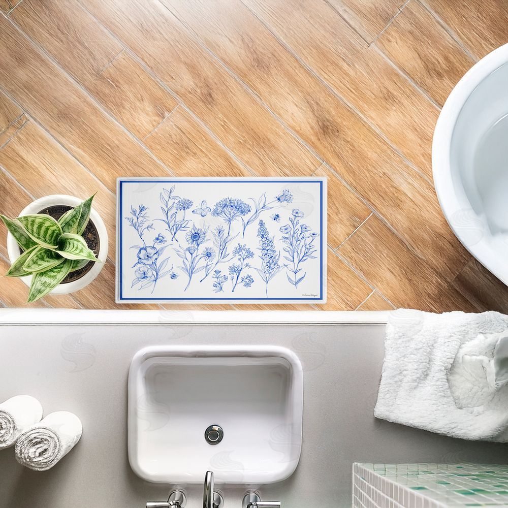 Susan Winget Single Blue Flower Sprigs Plush Bathroom Floor Mat