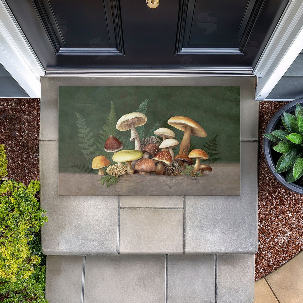 Tim Coffey Mushrooms & Ferns on Green Unwoven Outdoor Door Mat