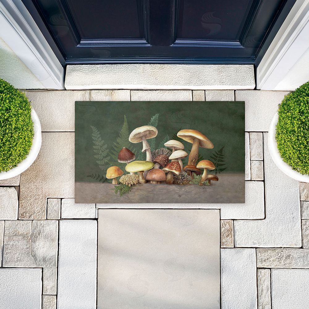 Tim Coffey Mushrooms & Ferns on Green Unwoven Outdoor Door Mat