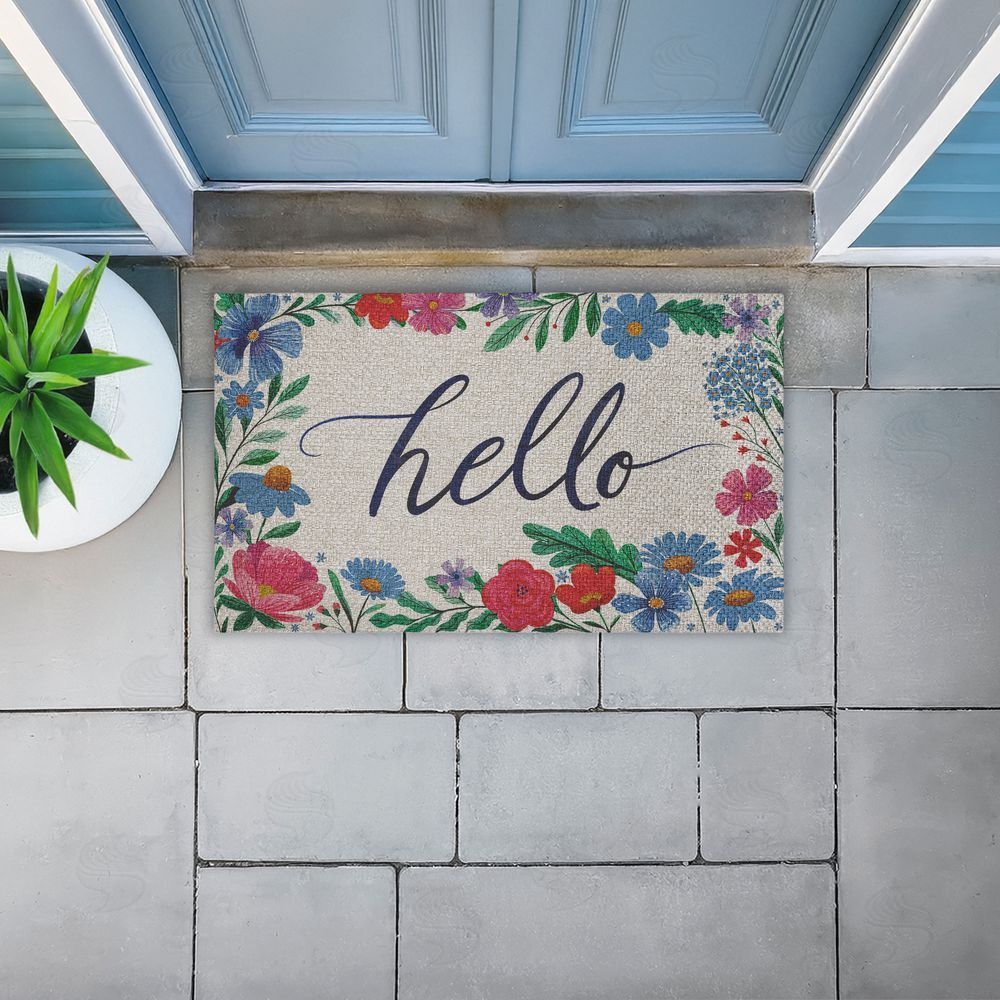 Arrolynn Weiderhold Hello Cursive & Floral Border Outdoor Faux Sisal Door Mat