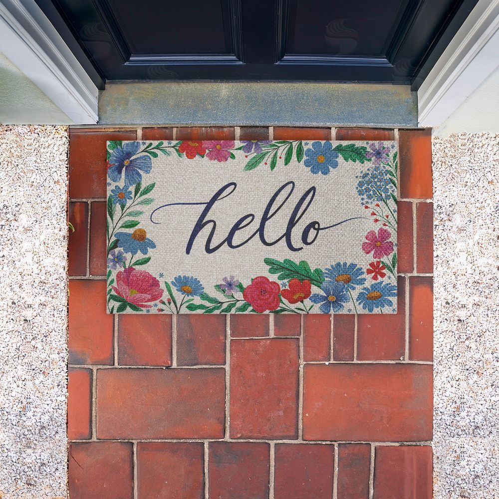 Arrolynn Weiderhold Hello Cursive & Floral Border Outdoor Faux Sisal Door Mat