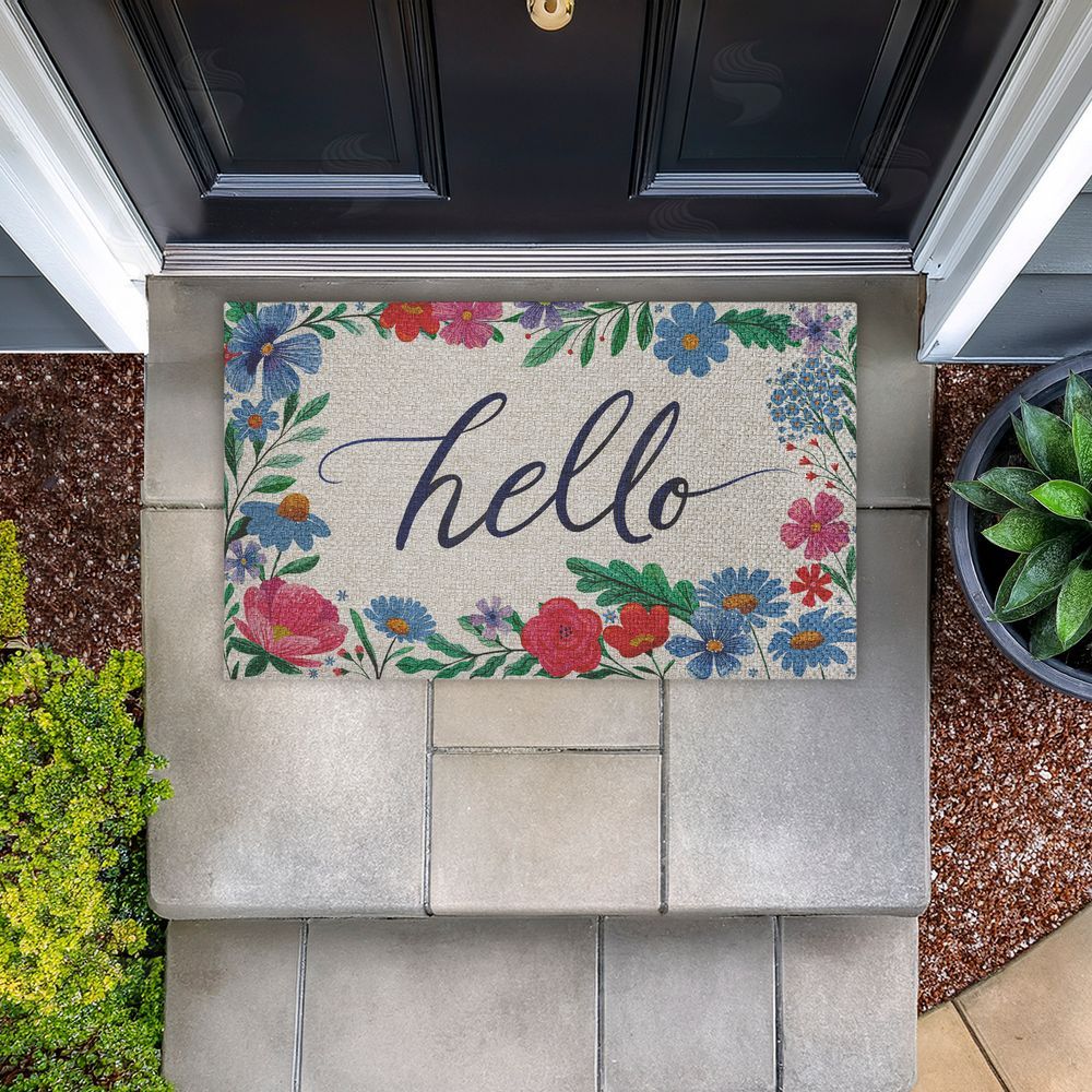 Arrolynn Weiderhold Hello Cursive & Floral Border Outdoor Faux Sisal Door Mat
