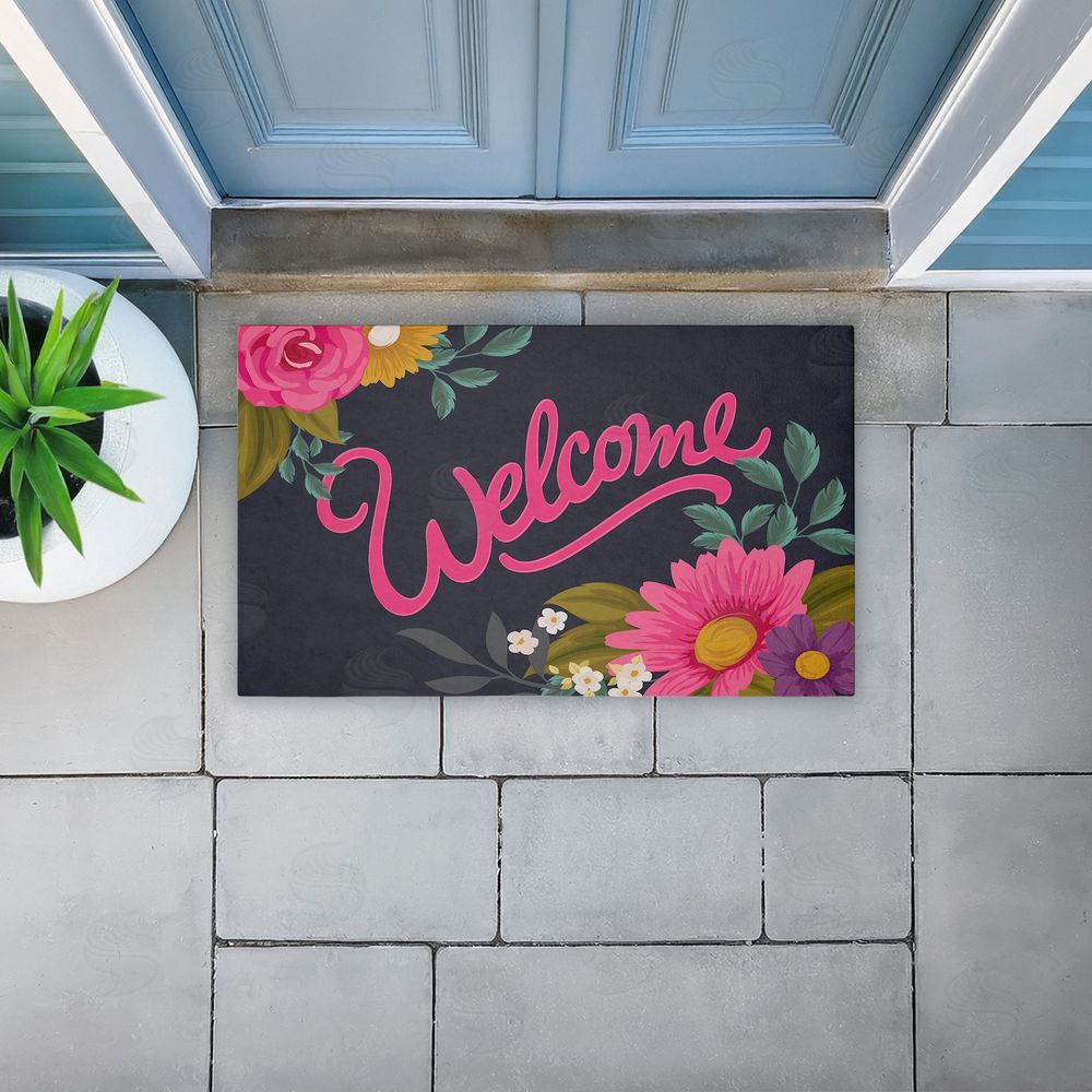 Angela Nickeas Lovely Pink Flower Welcome Unwoven Outdoor Door Mat