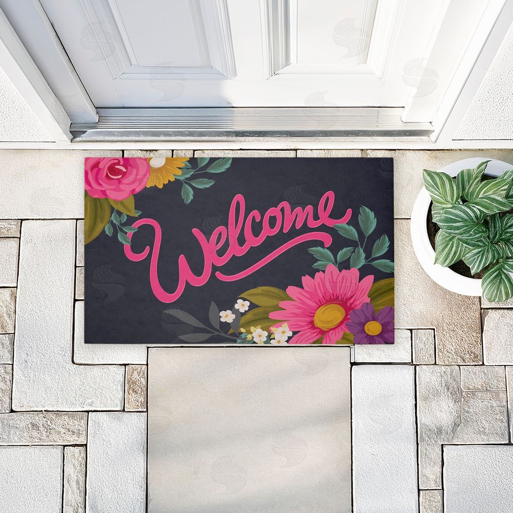 Angela Nickeas Lovely Pink Flower Welcome Unwoven Outdoor Door Mat