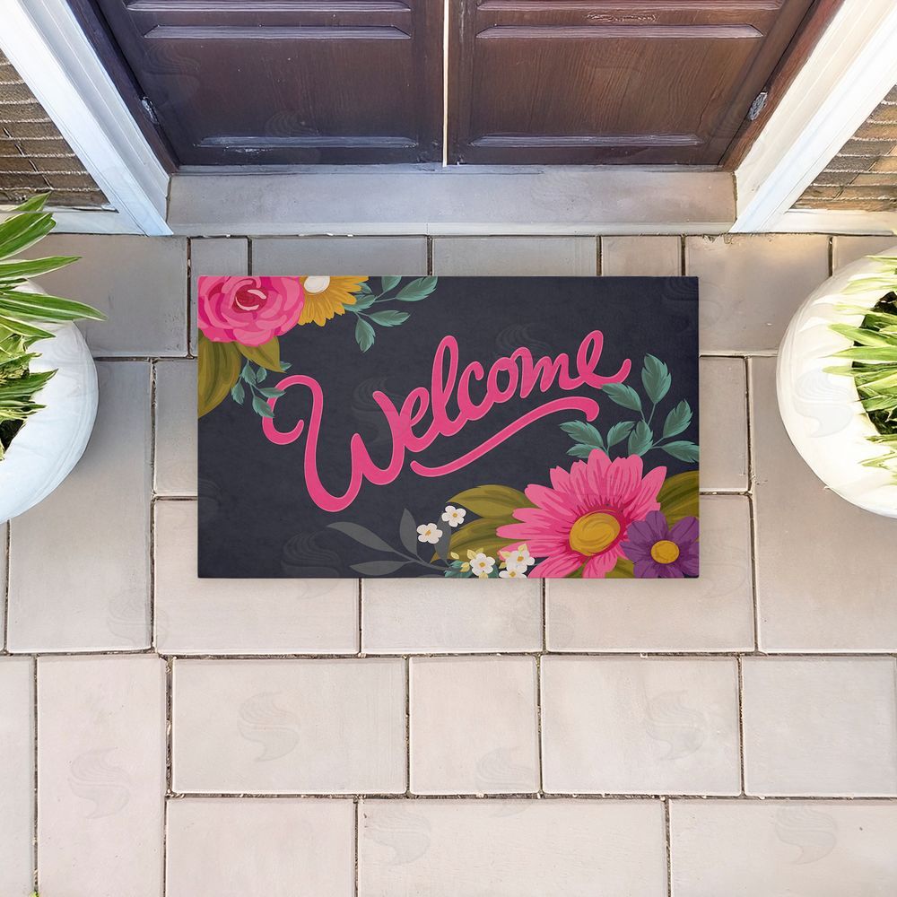 Angela Nickeas Lovely Pink Flower Welcome Unwoven Outdoor Door Mat
