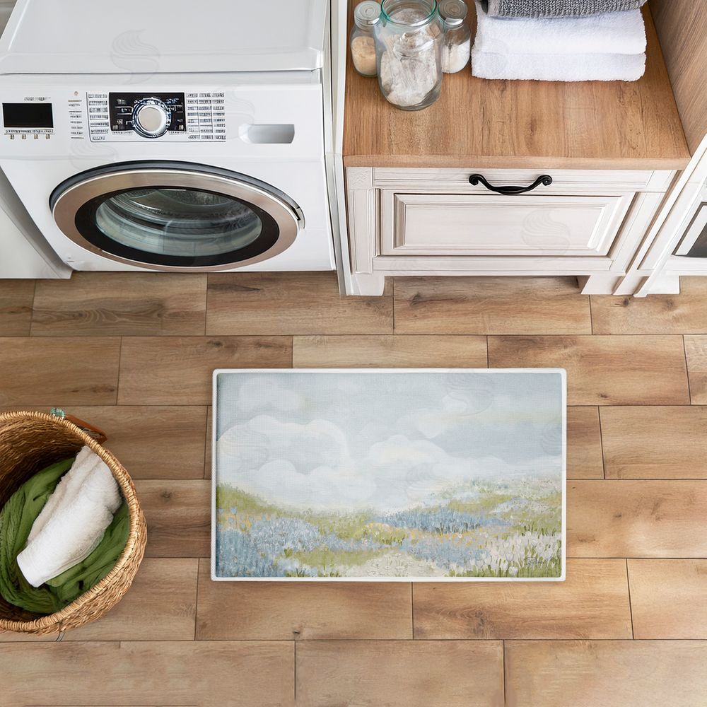 Patricia Pinto Subtle Blue Floral Meadow Plush Bathroom Floor Mat