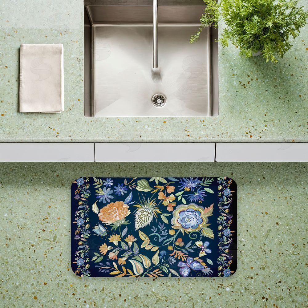 Ani Del Sol Painted Blue Floral on Black Kitchen Floor Mat