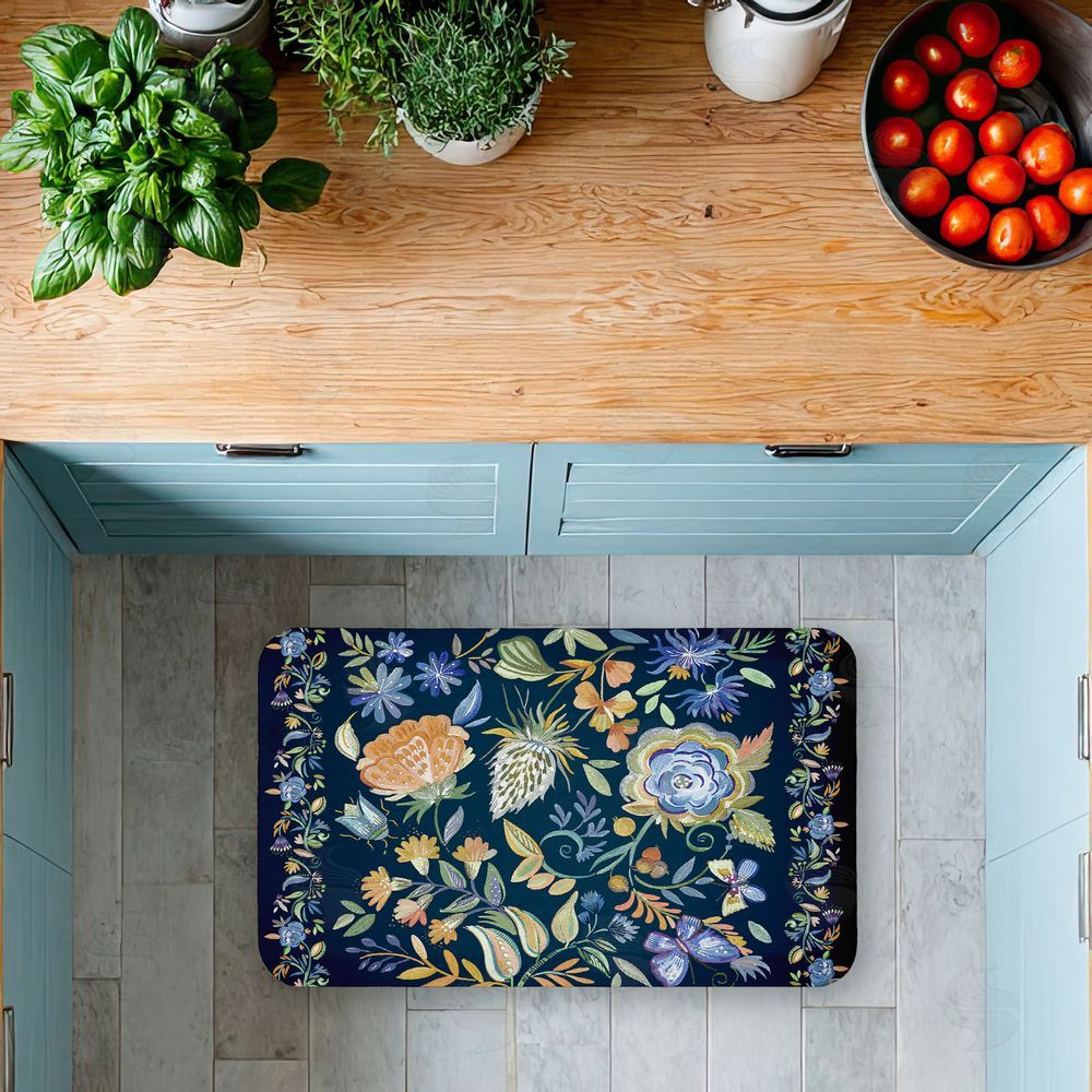 Ani Del Sol Painted Blue Floral on Black Kitchen Floor Mat