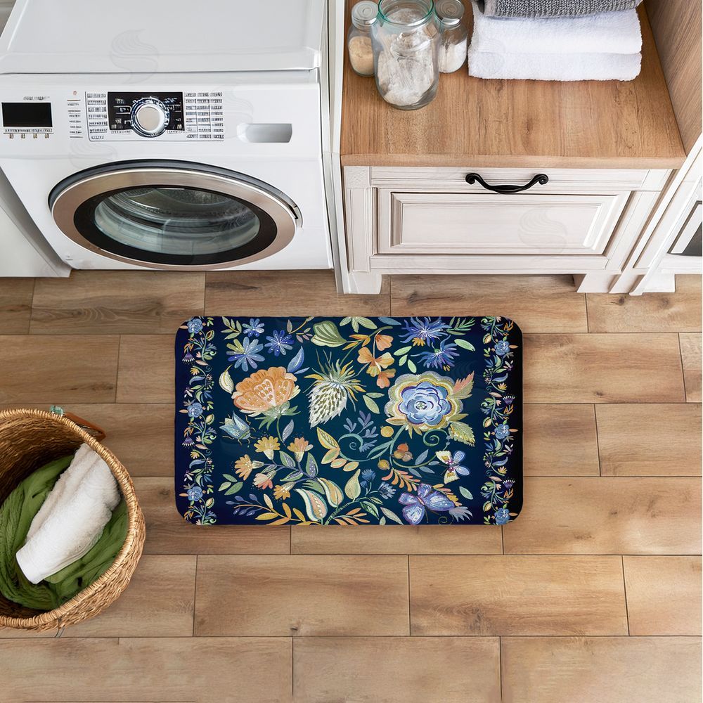Ani Del Sol Painted Blue Floral on Black Kitchen Floor Mat