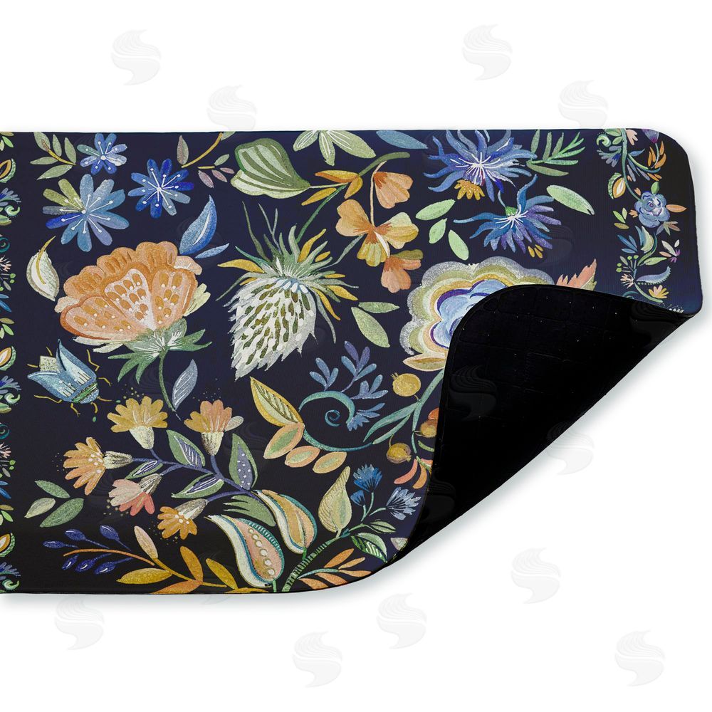 Ani Del Sol Painted Blue Floral on Black Kitchen Floor Mat