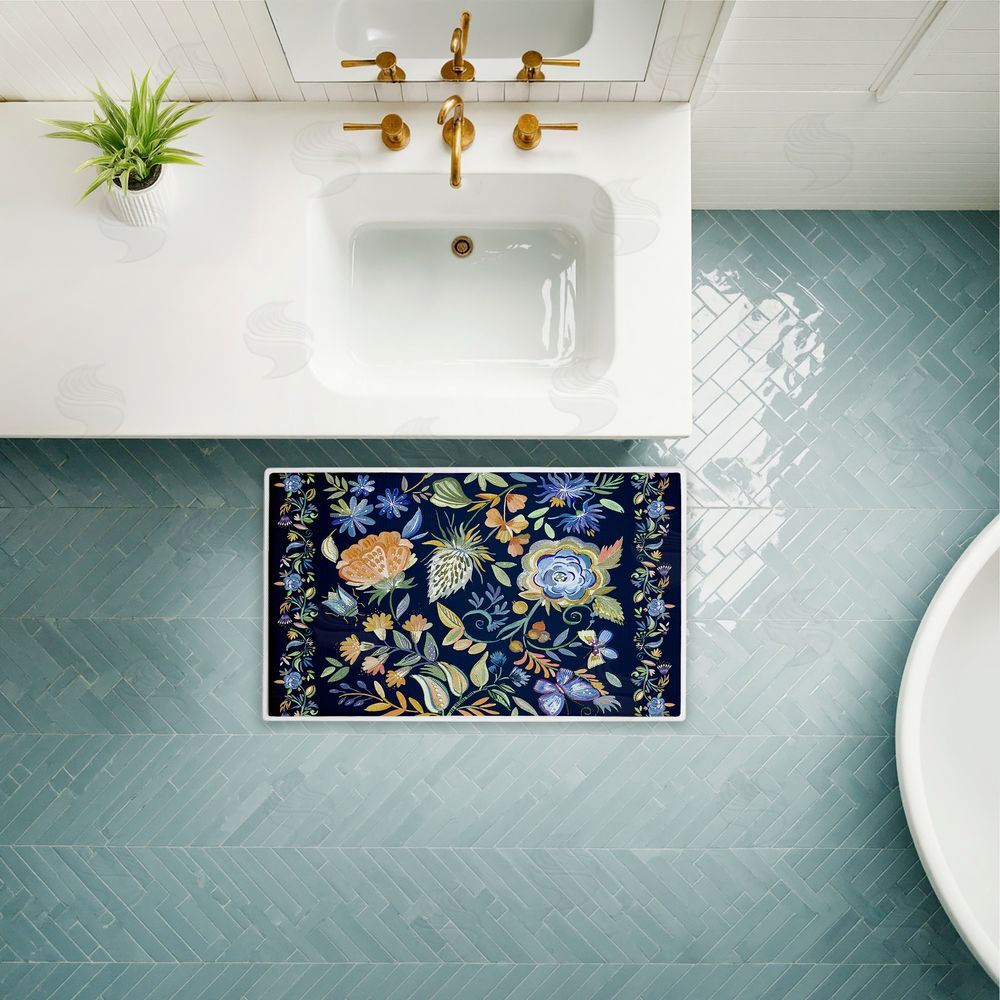 Ani Del Sol Painted Blue Floral on Black Plush Bathroom Floor Mat