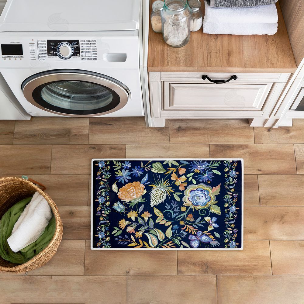 Ani Del Sol Painted Blue Floral on Black Plush Bathroom Floor Mat