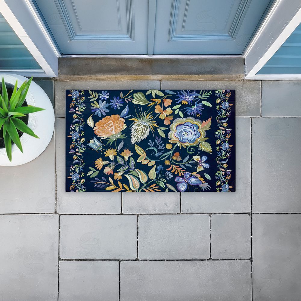Ani Del Sol Painted Blue Floral on Black Unwoven Outdoor Door Mat
