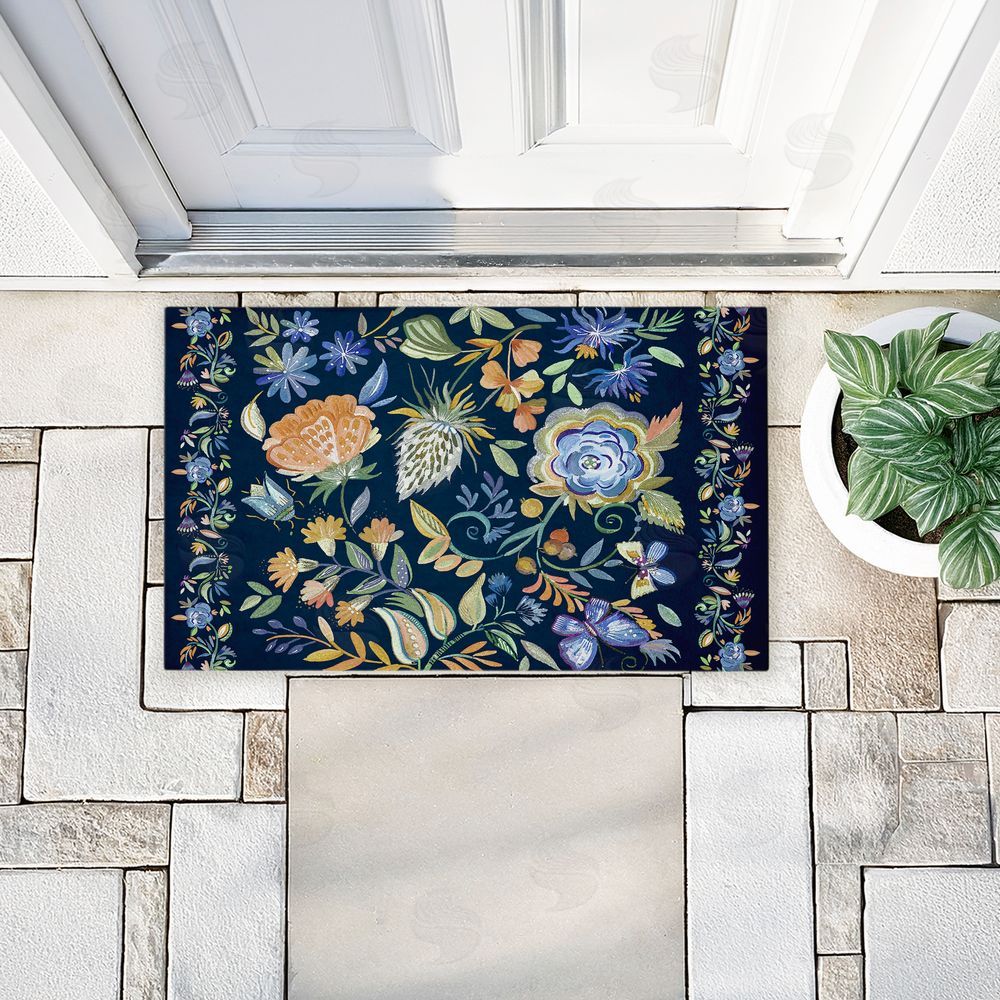 Ani Del Sol Painted Blue Floral on Black Unwoven Outdoor Door Mat