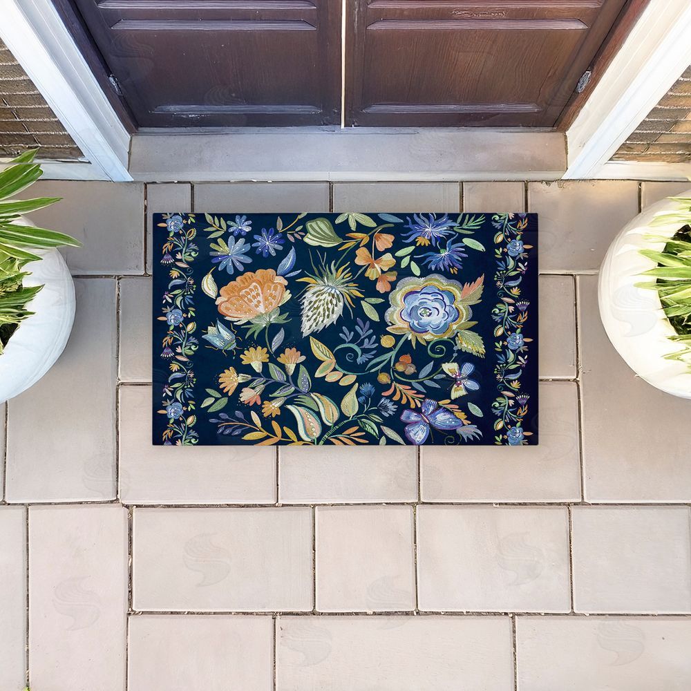 Ani Del Sol Painted Blue Floral on Black Unwoven Outdoor Door Mat