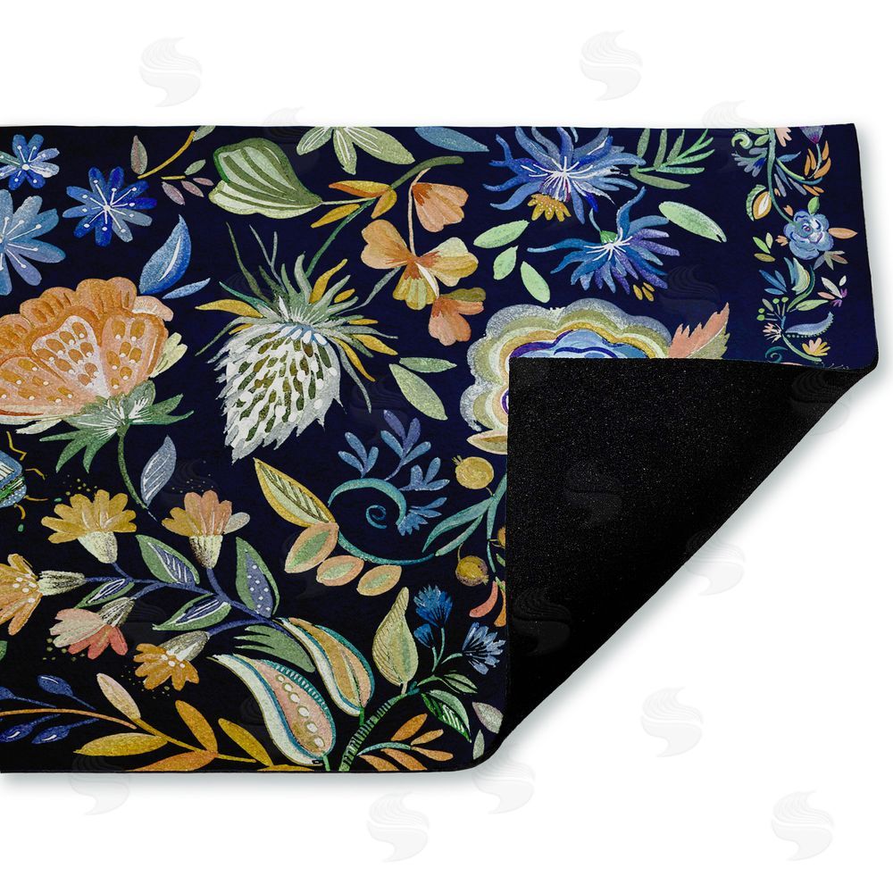 Ani Del Sol Painted Blue Floral on Black Unwoven Outdoor Door Mat