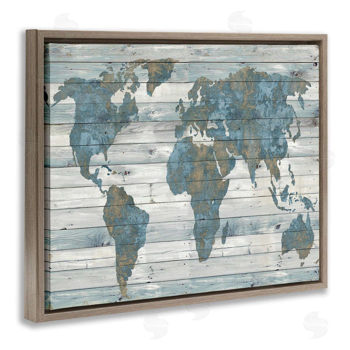 Slate Blue & Tan World Map Brown Floating Frame Canvas Wall Art, Home Decor by Jamie MacDowell