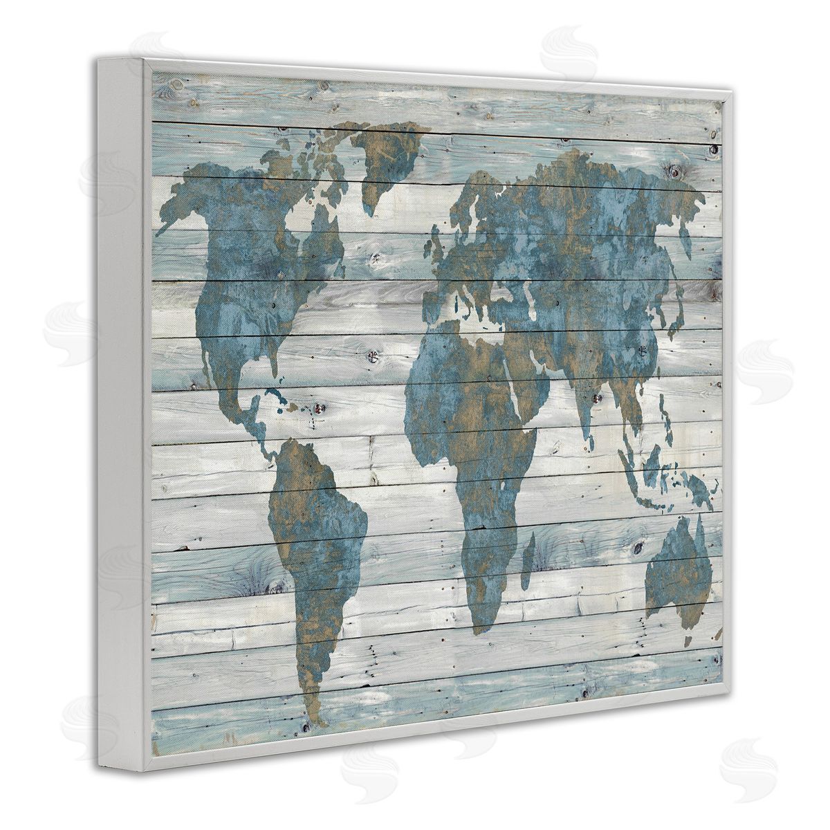 Slate Blue & Tan World Map White Frame Print Wall Art, Home Decor by Jamie MacDowell