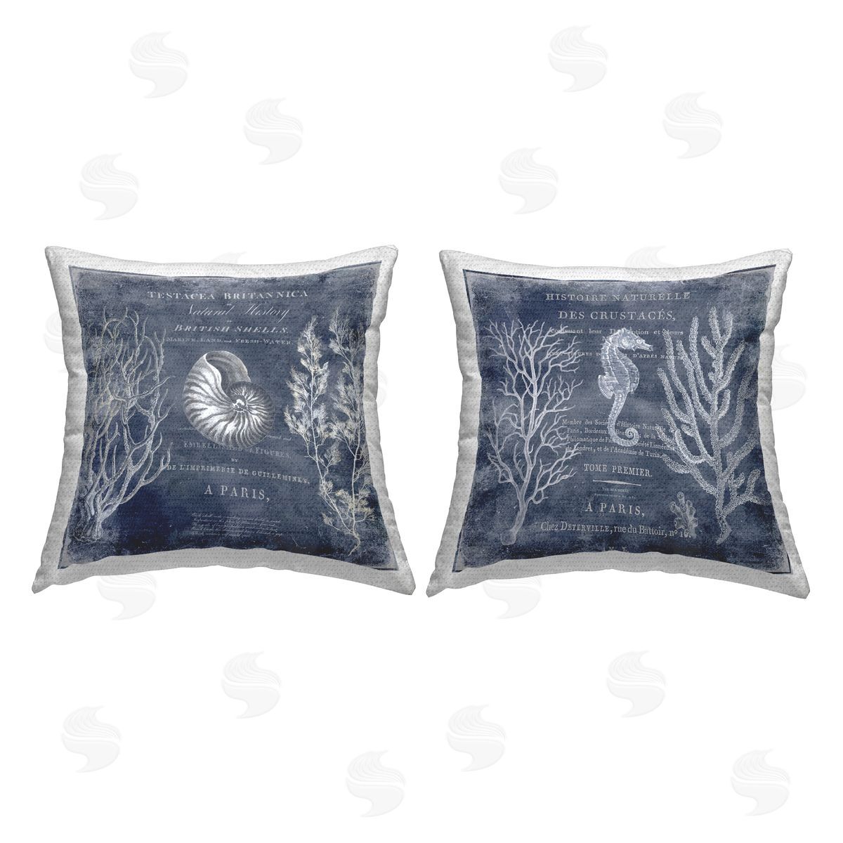 Vintage European Shells and Nautical Seahorse Outdoor Printed Pillow, Home Decor by Deborah Devellier
