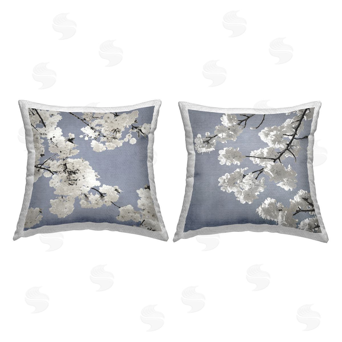 White Cherry Blossom Tree Branches over Blue Outdoor Printed Pillow, Home Decor by Kate Bennett