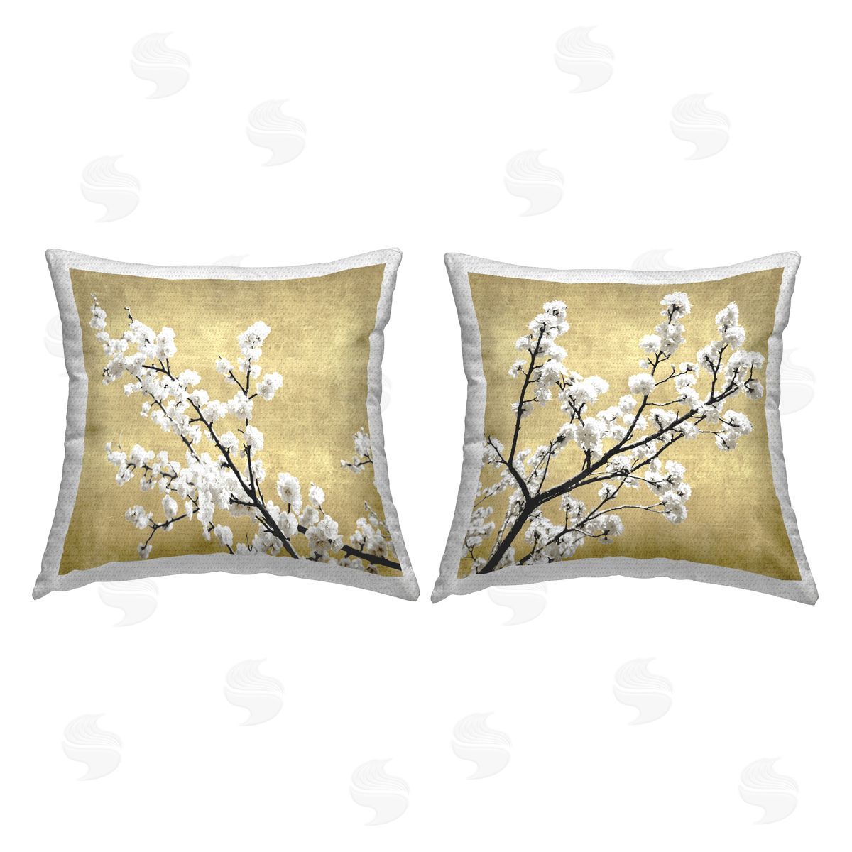 White Cherry Blossom Branches Neutral Tan Outdoor Printed Pillow, Home Decor by Kate Bennett